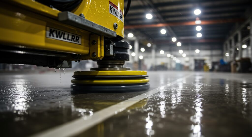 Maszyna do czyszczenia podłóg szorująca mokrą powierzchnię betonową w fabryce